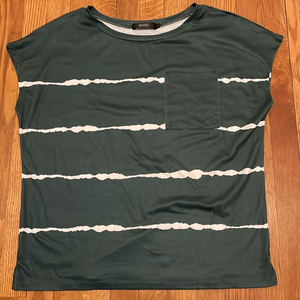 MIROL Green & White Stripe‎ Dolman Short Sleeve Pocket T-Shirt Size Large